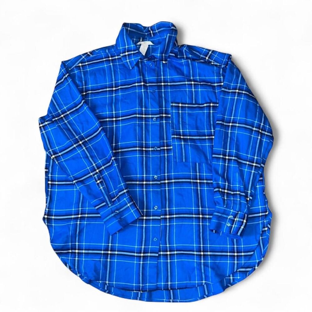 H&M Women's Blue Oversized Plaid Modern Flannel Button Up SZ L